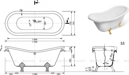 Ванна из искусственного мрамора Эстет Бостон 180x74