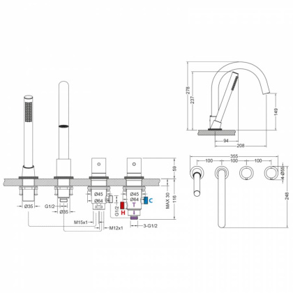 Смеситель на борт ванны Timo Saona 2330/00Y с термостатом, хром