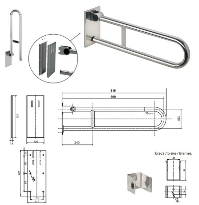 Съемный откидной поручень 600 мм, мат, с крышкой