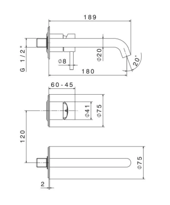 Смеситель для раковины ETERNA однорычажный настенный, без донного клапана, нержавеющая сталь Смеситель для раковины ETERNA однорычажный настенный, без донного клапана, нержавеющая сталь