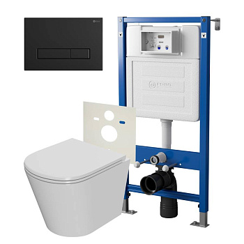 Сет: Система инсталляции Point Элемент для подвесного унитаза PN45120 + Клавиша смыва для инсталляции Point Меркурий, черная матовая, PN44831BM + Унитаз подвесной Point Виктория безободковый, сиденье микролифт PN41061