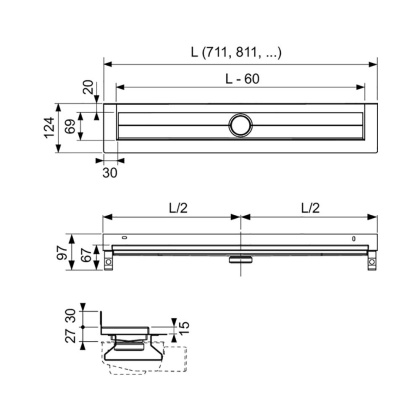 Дренажный канал для пристенного монтажа, прямой, 150 см
