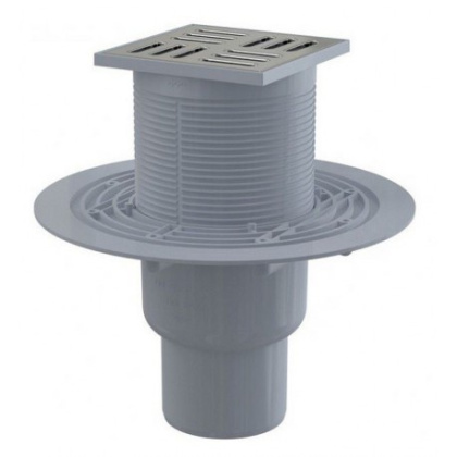 Сливной трап 105×105/50/75 мм прямой сток, решетка из нержавеющей стали, гидрозатвор мокрый