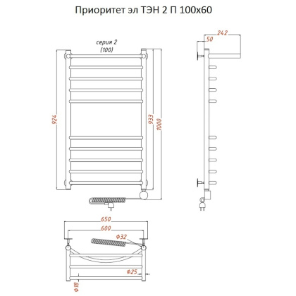 Полотенцесушитель Приоритет эл ТЭН 2 П 100*60 (ЛЦ2) Полотенцесушитель Приоритет эл ТЭН 2 П 100*60 (ЛЦ2)