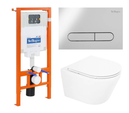 BB8001CHR/SC/BB002-80/BB014-SR-BIANCO Унитаз подвесной с сиденьем BelBagno TRE + Система инсталляции для унитазов с кнопкой смыва BB014-SR-BIANCO Исполнение: Белый 
