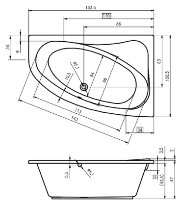 Акриловая ванна Riho Lyra 153x100 L Акриловая ванна Riho Lyra 153x100 L