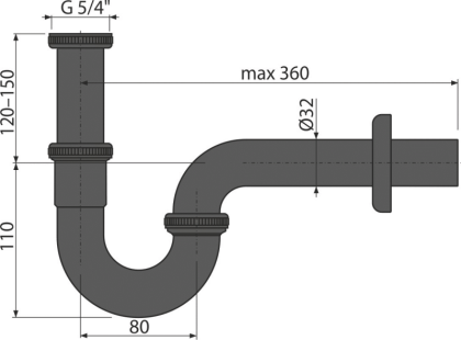 Сифон для умывальника DN32, U-форма с накидной гайкой 5/4", металл