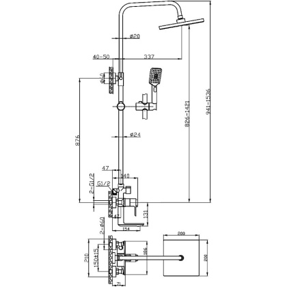 Смеситель термостатический Rossinka RS50-46 для ванны и душа с регулируемой высотой штанги, поворотным изливом и лейкой "Тропический дождь"