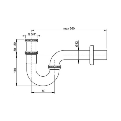 Сифон для умывальника DN32, U-форма с накидной гайкой 5/4", металл