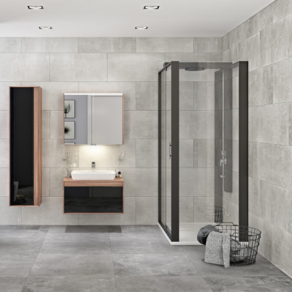 Шкаф Metropole 80 см из искуственного камня, c 1 ящиком, цвет сливовое дерево, фасад черное акриловое стекло