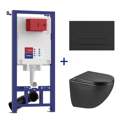 Комплект 3в1: Инсталляция Lemark PENEDA для унитазов с кнопкой смыва BIT чёрный матовый + унитаз подвесной безободковый  GLAZER Торнадо чёрный матовый Комплект 3в1: Инсталляция Lemark PENEDA для унитазов с кнопкой смыва BIT чёрный матовый + унитаз подвесной безободковый  GLAZER Торнадо чёрный матовый