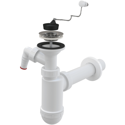Сифон для умывальника DN40 со штуцером, с нержавеющей peшeткой DN63, с цепочкой