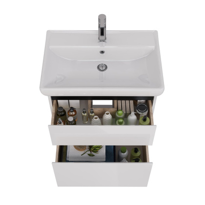 Тумба Lemark COMBI 70см под 1 раковину, подвесная/напольная, 2 ящика, цвет планки: Чёрный, цвет корпуса, фасада: Белый глянец