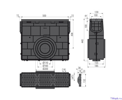 Пескоуловитель для дренажного канала AVZ104 с пластиковой рамой и решеткой из композитного материала B125