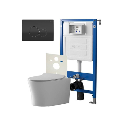 Сет: Система инсталляции Point Элемент для подвесного унитаза PN45120 + Клавиша смыва для инсталляции Point Виктория, черная/хром, PN44061BC + Унитаз подвесной Point Вега безободковый, сиденье микролифт PN41711