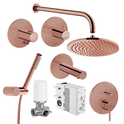 Набор встроенной душевой системы Origin на 3 направления, медь (верхняя лейка, излив, ручной душ, смеситель встроенный внешняя и внутренняя часть)