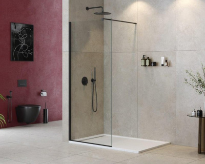 LIBERTA-L-1-80-120-C-NERO Душевая перегородка с односторонним входом, стекло прозрачное, профиль чёрный, 800x1200x1950 мм