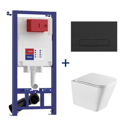 Комплект 3в1: Инсталляция Lemark PENEDA для унитазов с кнопкой смыва BIT чёрный матовый + унитаз подвесной безободковый  FLOREX Торнадо белый глянец Комплект 3в1: Инсталляция Lemark PENEDA для унитазов с кнопкой смыва BIT чёрный матовый + унитаз подвесной безободковый  FLOREX Торнадо белый глянец