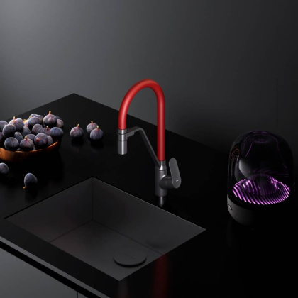 F8007828 Like, смеситель для кухни с каналом для питьевой воды и гибким изливом, черн., красный изли
