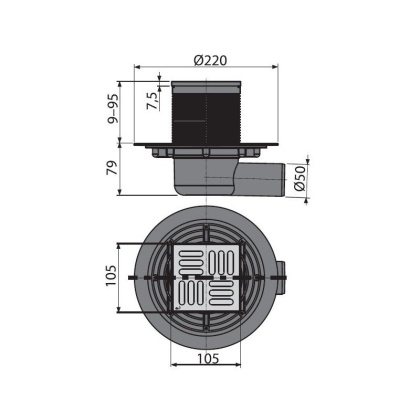 Сливной трап 105×105/50 мм боковой сток, решетка из нержавеющей стали, гидрозатвор мокрый
