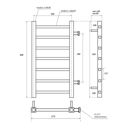 Полотенцесушитель водяной Point Вега PN71558 П7 500x800 с боковым подключением 500, хром