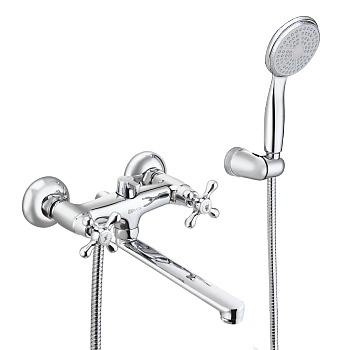 Смеситель для ванны с плоским изливом 20 см, двуручковый, поворотный переключатель, латунь/хром