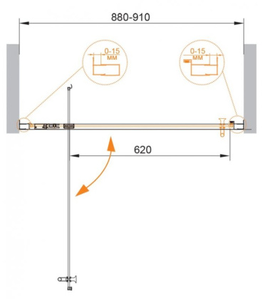 Душевая дверь ECO-O-BA-1-80-P-Cr Условные размеры,мм:800х1900 Габариты с диапазоном регулировок,мм:(780-810)х1900 Ширина входа,мм:520 