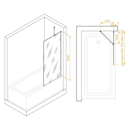 Шторка на ванну 60*150 RGW SC-150 Хром/Тонированное(серое)/6 мм (Easy)