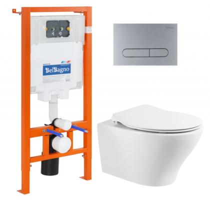 Унитаз подвесной с сиденьем BelBagno ACQUA + Система инсталляции для унитазов с кнопкой смыва BB006-PR-CHROME.M Исполнение: Хром матовый  Унитаз подвесной с сиденьем BelBagno ACQUA + Система инсталляции для унитазов с кнопкой смыва BB006-PR-CHROME.M Исполнение: Хром матовый