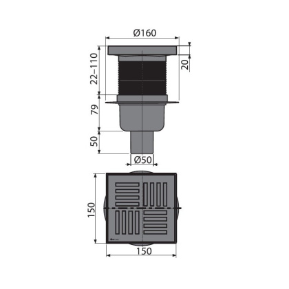 Сливной трап 150×150/50 мм прямой сток, решетка серая, гидрозатвор мокрый