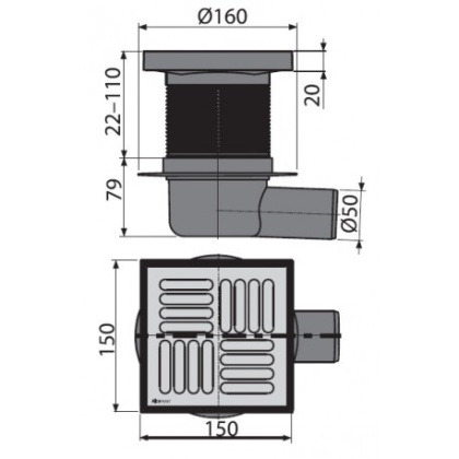 Сливной трап 150×150/50 мм боковой сток, решетка из нержавеющей стали, гидрозатвор мокрый