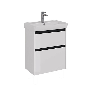 Тумба Lemark COMBI 60см под 1 раковину, подвесная/напольная, 2 ящика, цвет планки: Чёрный, цвет корпуса, фасада: Белый глянец