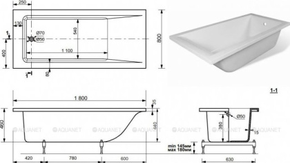 Ванна из искусственного мрамора Эстет Дельта 180x80                                                    