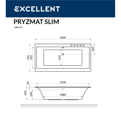 Ванна EXCELLENT Pryzmat Slim 160x75 "NANO" (хром) Ванна EXCELLENT Pryzmat Slim 160x75 "NANO" (хром)