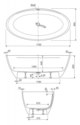 TITAN-OVAL-170-85-57 Ванна из литьевого мрамора Цвет Белый  TITAN-OVAL-170-85-57 Ванна из литьевого мрамора Цвет Белый