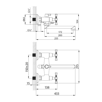Смеситель для ванны с плоским изливом 20 см, двуручковый, поворотный переключатель, латунь/хром