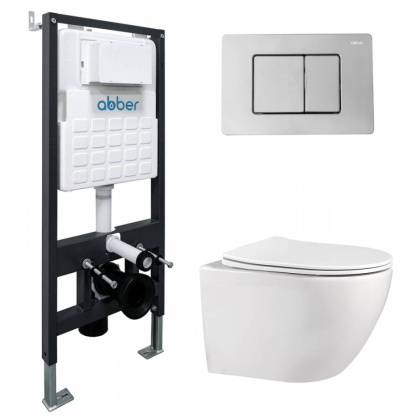 Комплект подвесной унитаз ABBER Bequem AC1100 белый с инсталляцией AC0105 и кнопкой AC0120 хром Комплект подвесной унитаз ABBER Bequem AC1100 белый с инсталляцией AC0105 и кнопкой AC0120 хром