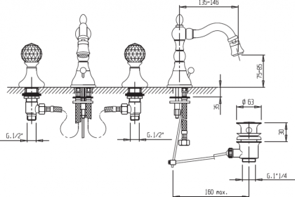 ATLANTIS-BBS2-02-Sw Смеситель для биде на три отверстия с донным клапаном, бронза, ручки Swarovski