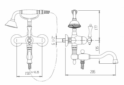 Aртикул:MARGOT-VDFM2-02-Bi Смеситель для ванны с ручным душем и поворотным изливом Исполнение: Бронза, Ручки: Белая 