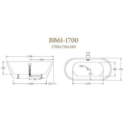 Акриловая ванна BELBAGNO BB61-1700, 1700х750х600