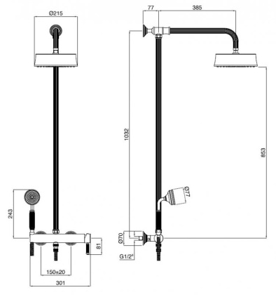 OLIMP-CD-02-L Душевая стойка со смесителем для верхнего и ручного душа, исполнение бронза