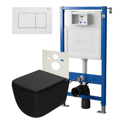 Сет: Система инсталляции Point Элемент для подвесного унитаза PN45120 + Клавиша смыва для инсталляции Point Ника, белая, PN44081W + Унитаз подвесной Point Меркурий безободковый сид.дюропласт микролифт быстросъем чёрн мат. PN41831BM