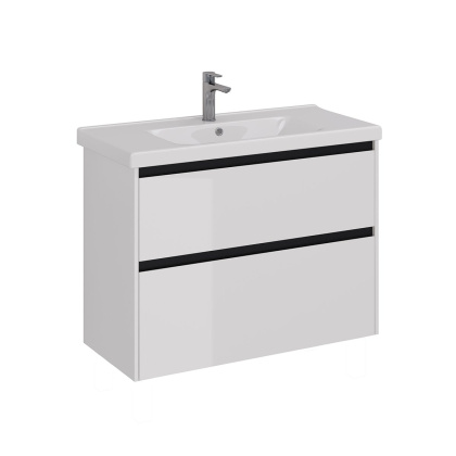Тумба Lemark COMBI 100см под 1 раковину, подвесная/напольная, 2 ящика, цвет планки: Чёрный, цвет корпуса, фасада: Белый глянец