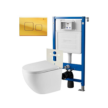 Сет: Система инсталляции Point Элемент для подвесного унитаза PN45120 + Клавиша смыва для инсталляции Point Афина, золото, PN44041G + Унитаз подвесной Point Сатурн безободковый, белый, сиденье дюропласт микролифт быстросъемное PN41901
